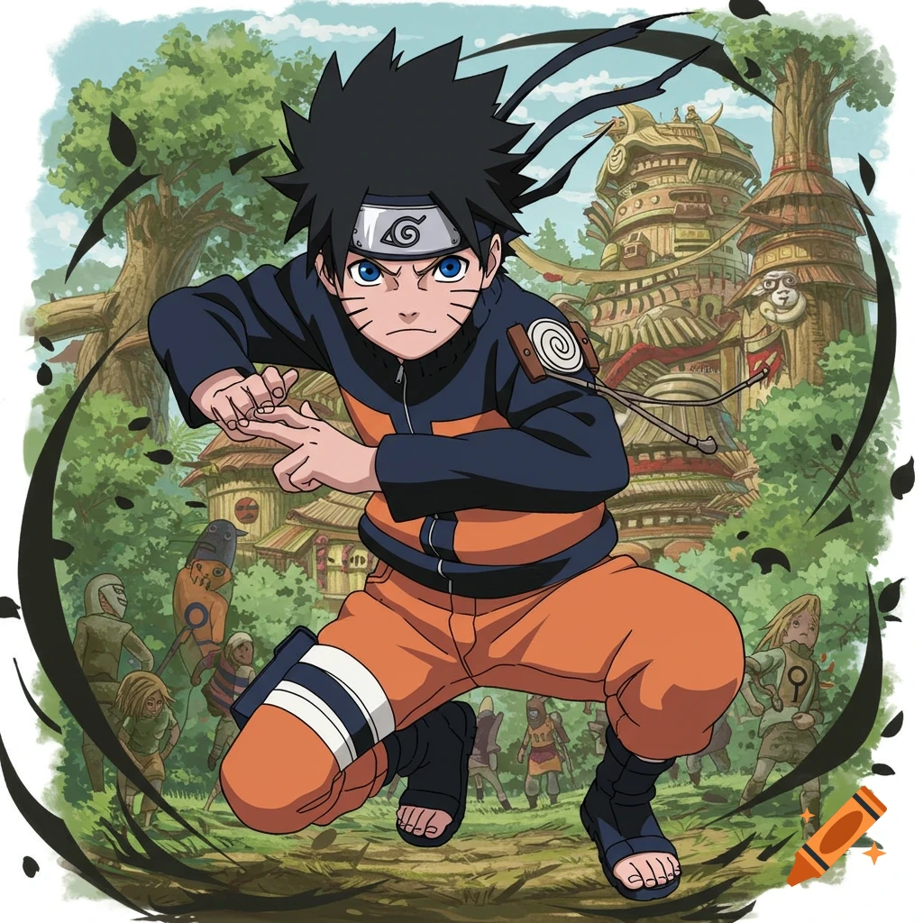 Anime illustration of a young Naruto character in a forest background, crouching in a pose.