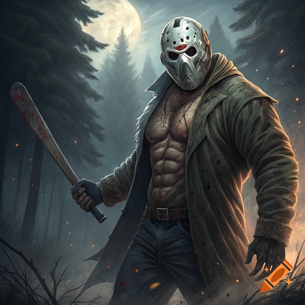 Muscular figure resembling Jason Voorhees in a trench coat and mask, holding a spiked bat in a dark forest.