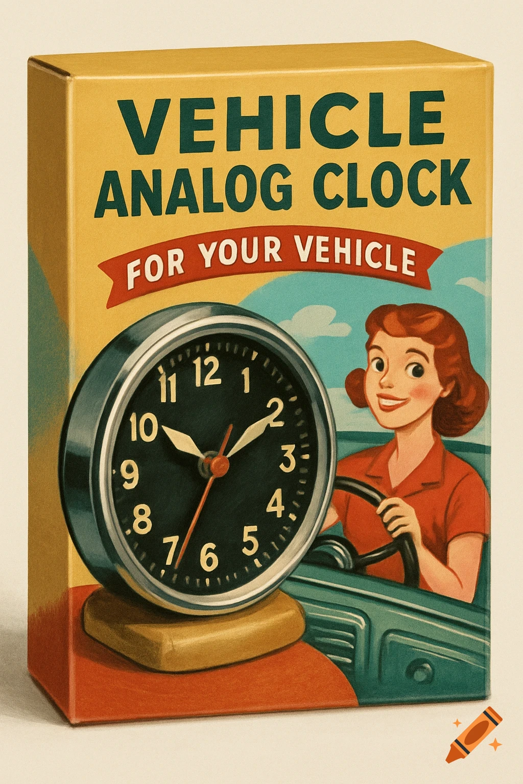 Retro packaging illustration for a vehicle analog clock, showing a woman in a car.