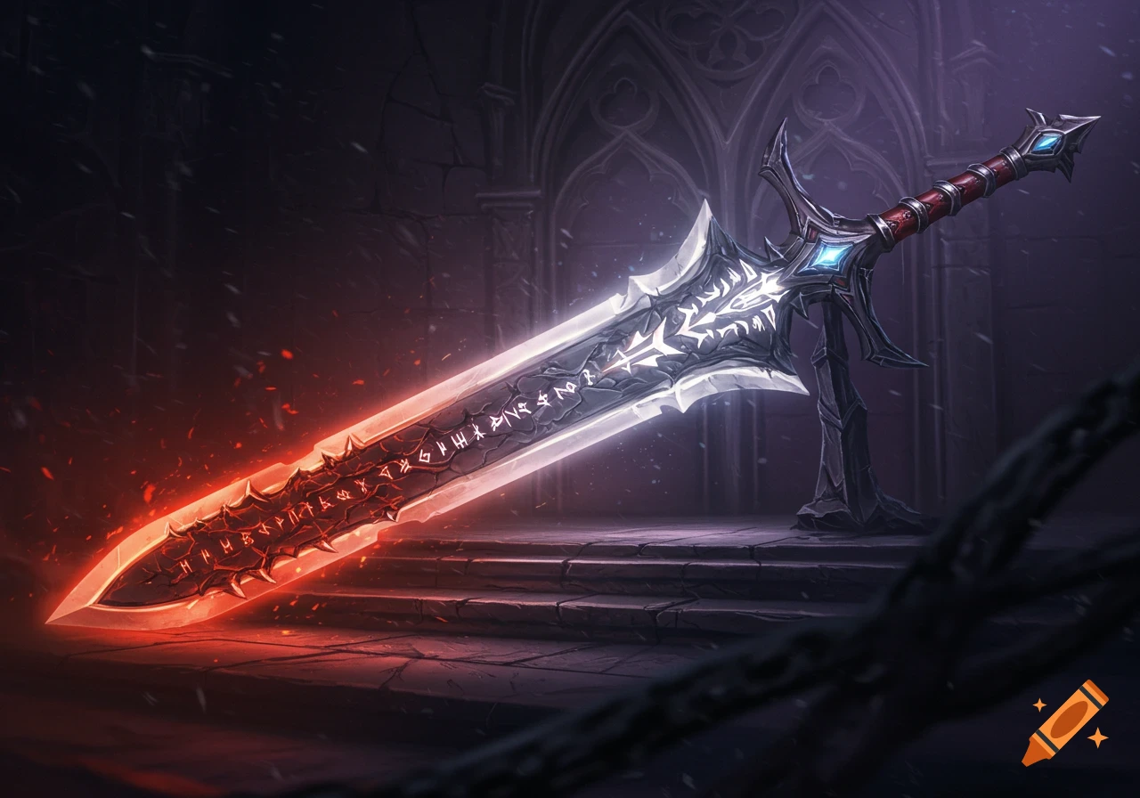 A large fantasy sword, half red and glowing, half icy blue, with runes inscribed, stands in a dark ruin.