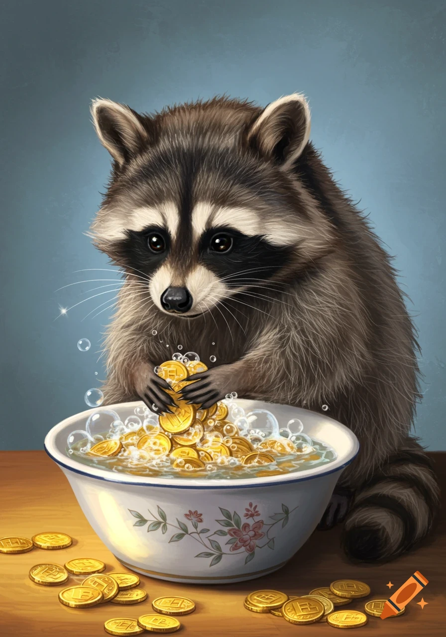 A raccoon washes a pile of gold coins in a bowl of soapy water.