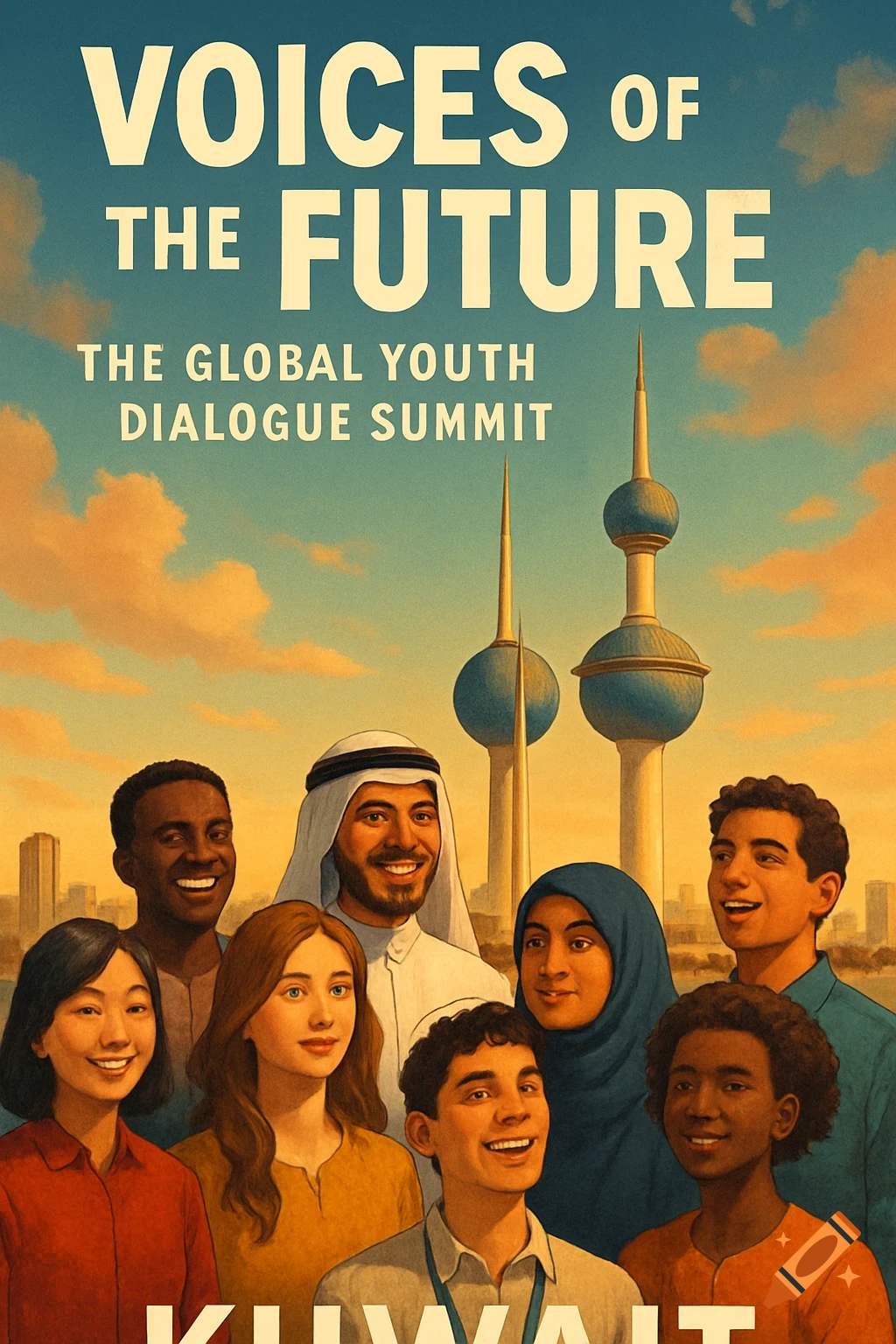 Diverse young people stand before the Kuwait Towers with text "Voices of the Future: The Global Youth Dialogue Summit"