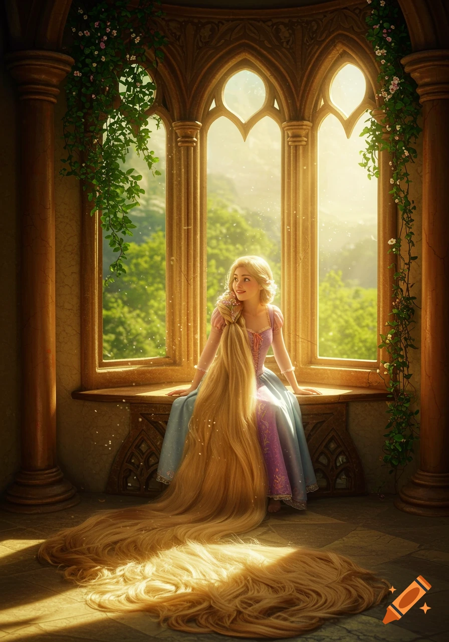 Rapunzel sits by a large arched window, her long golden hair spilling onto the floor.