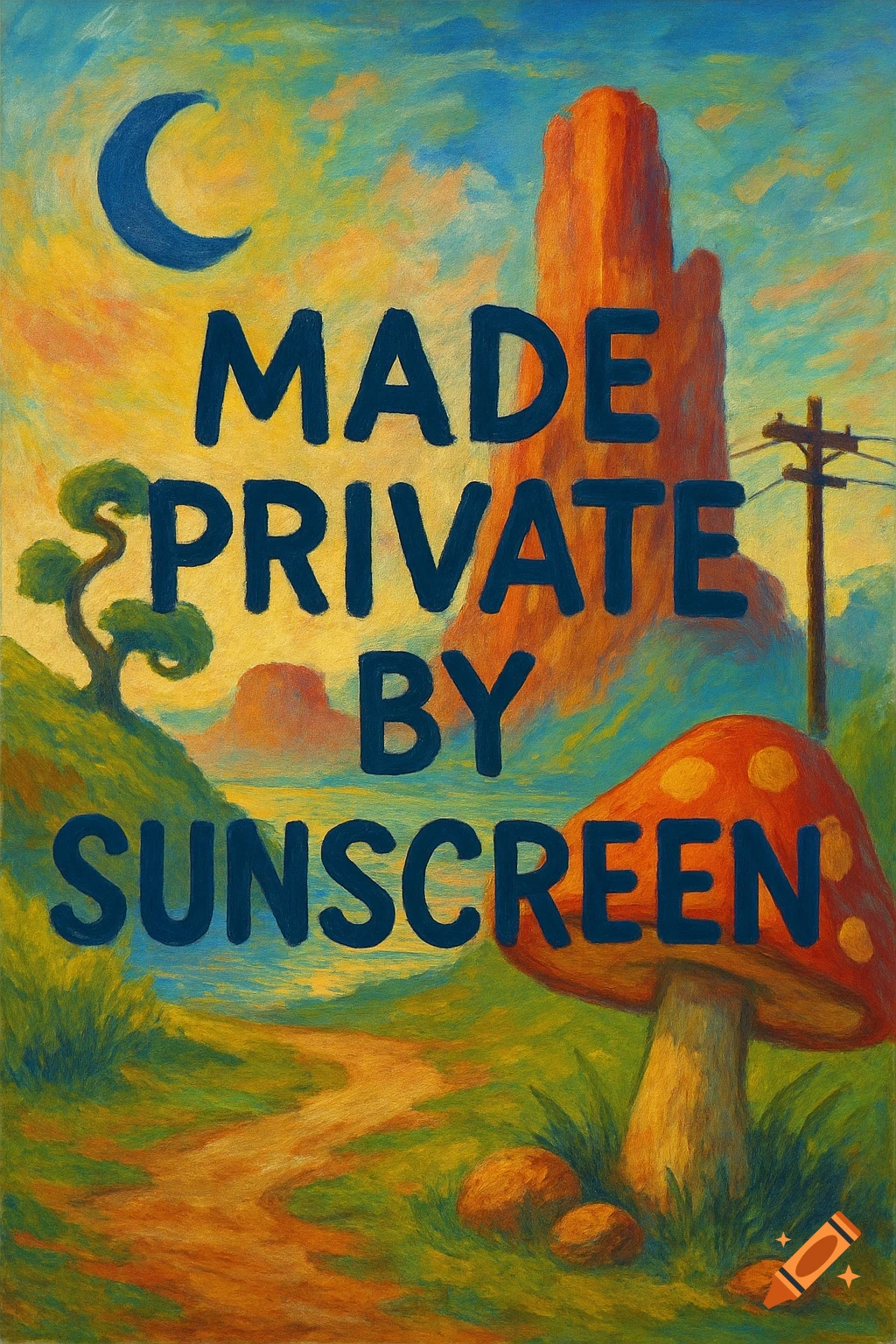 A colorful painted landscape with a giant mushroom, rock formation, crescent moon, and the text MADE PRIVATE BY SUNSCREEN.