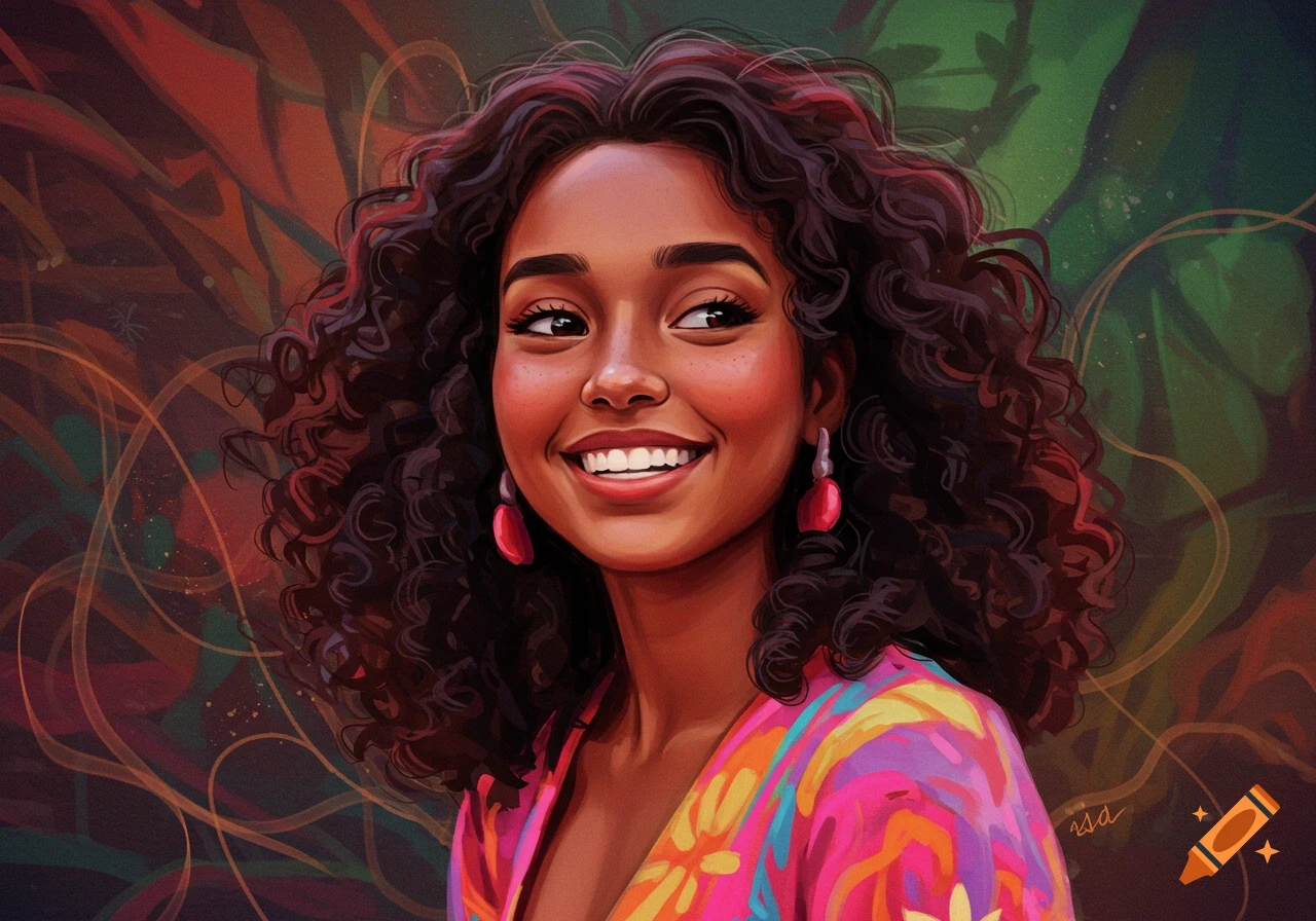 Digital painting of a smiling woman with curly hair wearing a colorful shirt.