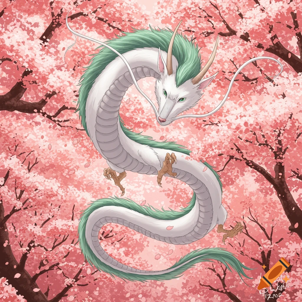 An illustration of a white dragon with green hair winding through cherry blossom trees.