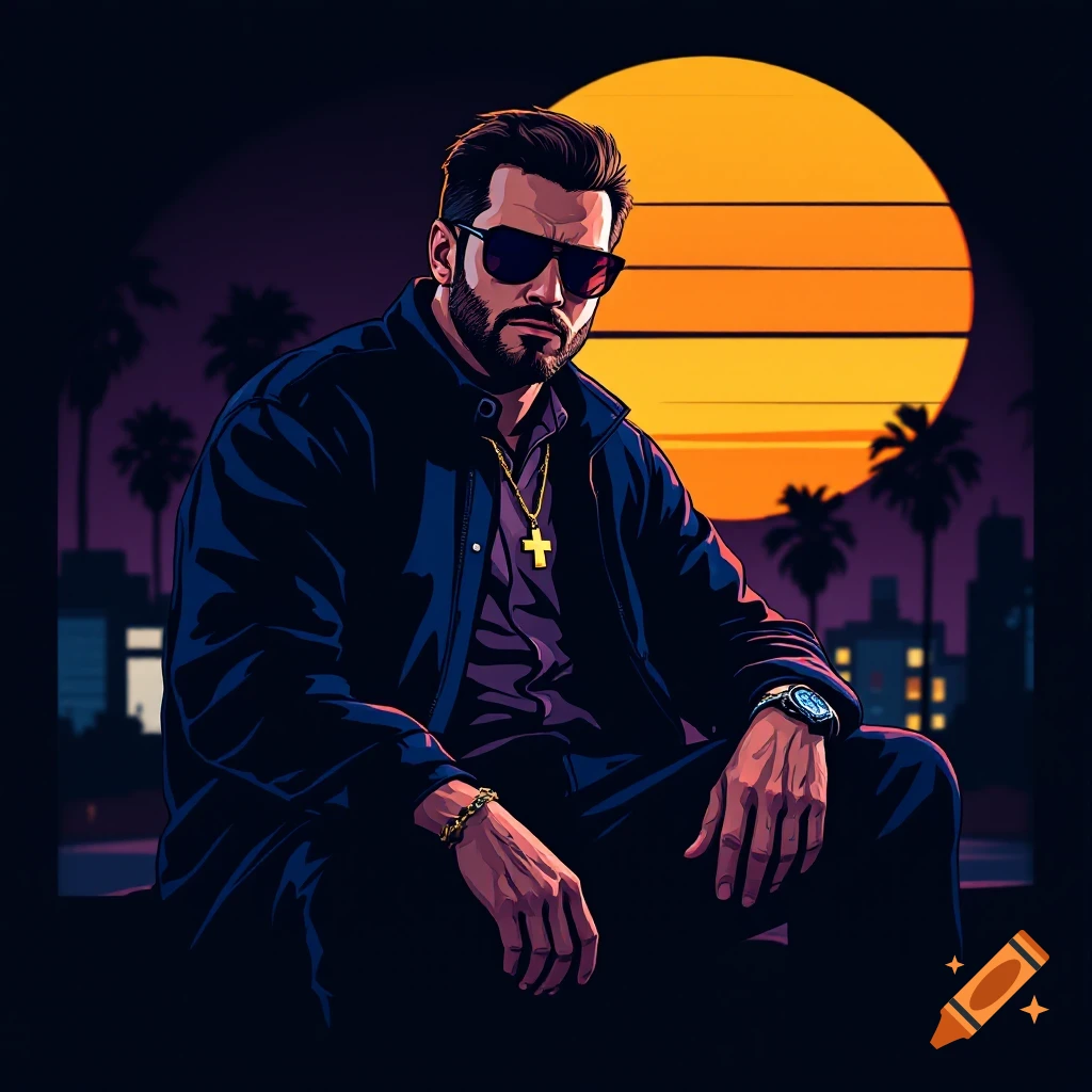 Man in sunglasses, jacket, and cross necklace sits against a synthwave sunset city skyline background.