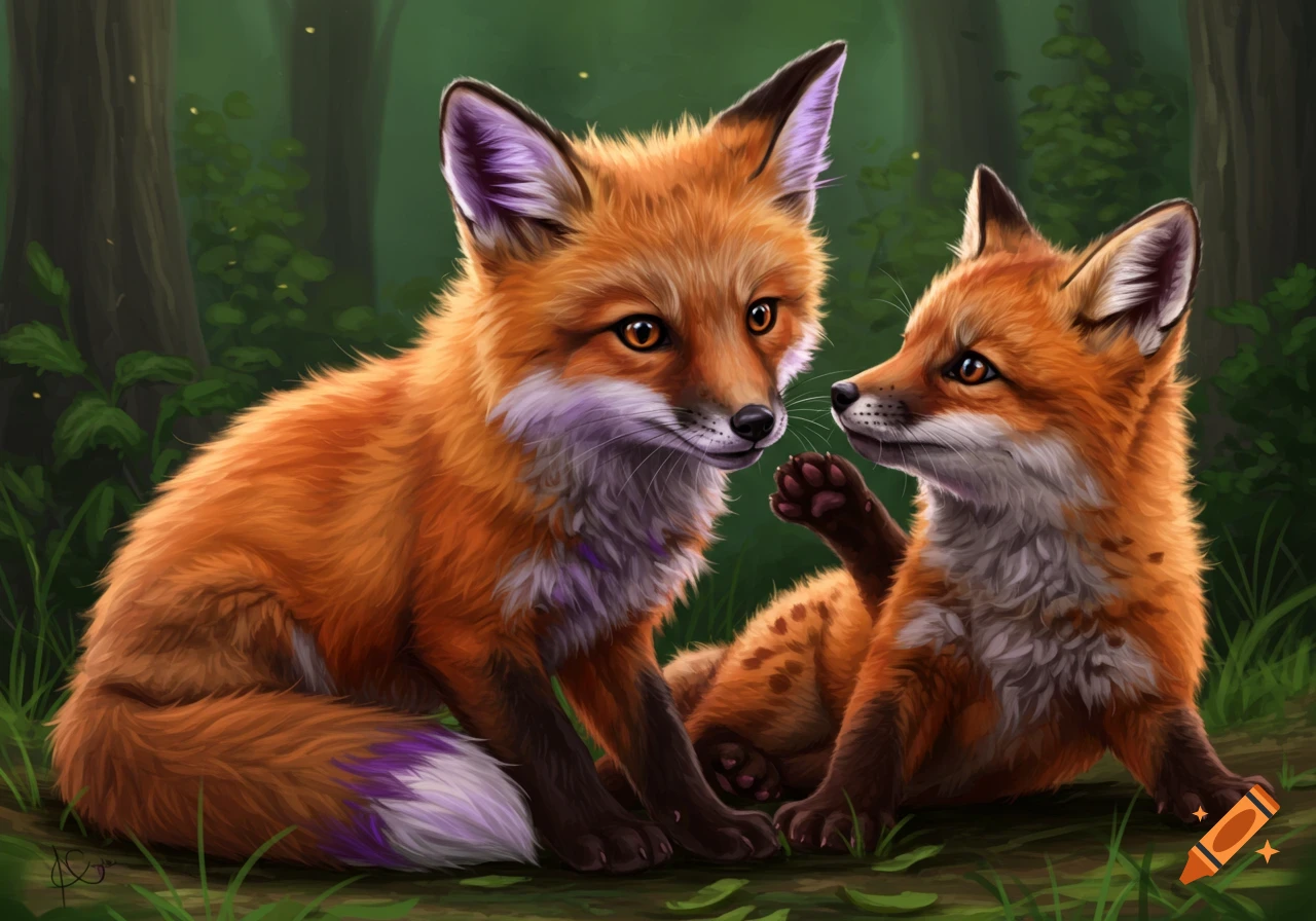 A digitally painted image shows two red fox kits sitting in a forest clearing. One kit looks up at the other who has a paw raised.