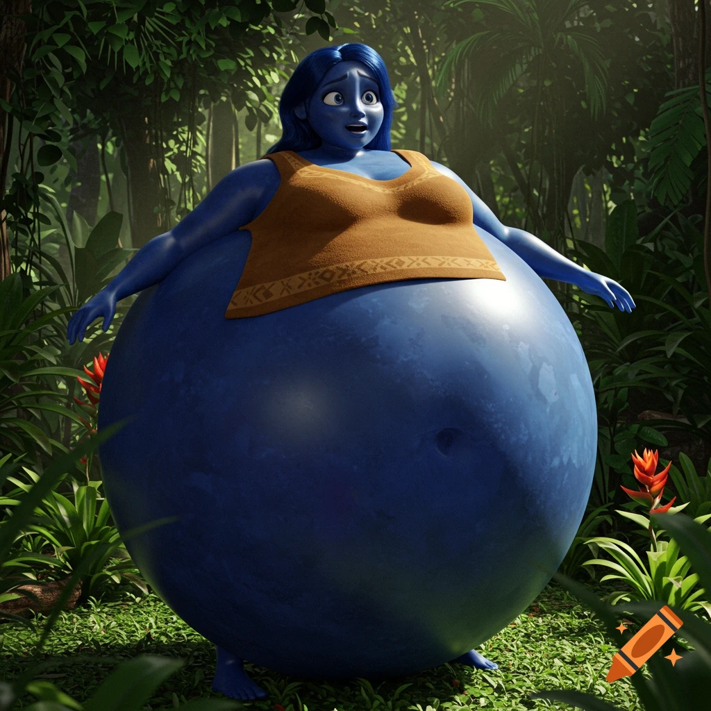 A blue character inflated like a blueberry in a jungle