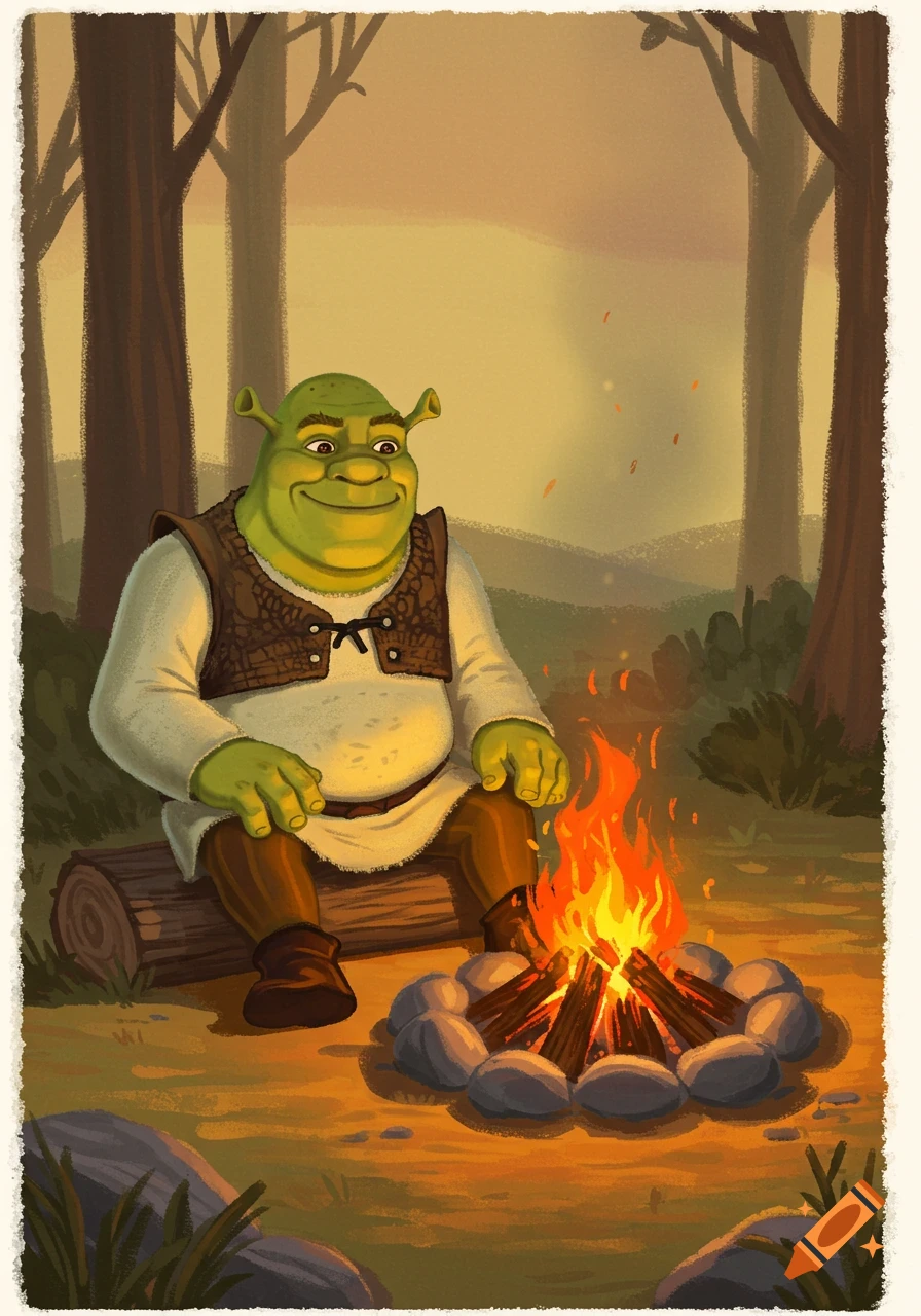 Illustration of Shrek sitting by a campfire in a forest.