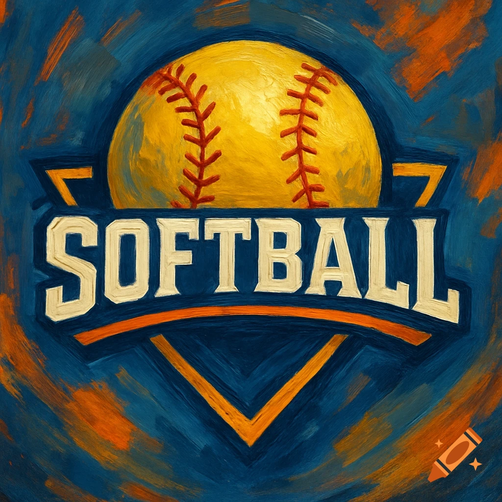 Painted softball sports logo with a yellow ball, red stitching, and the word SOFTBALL on a banner.