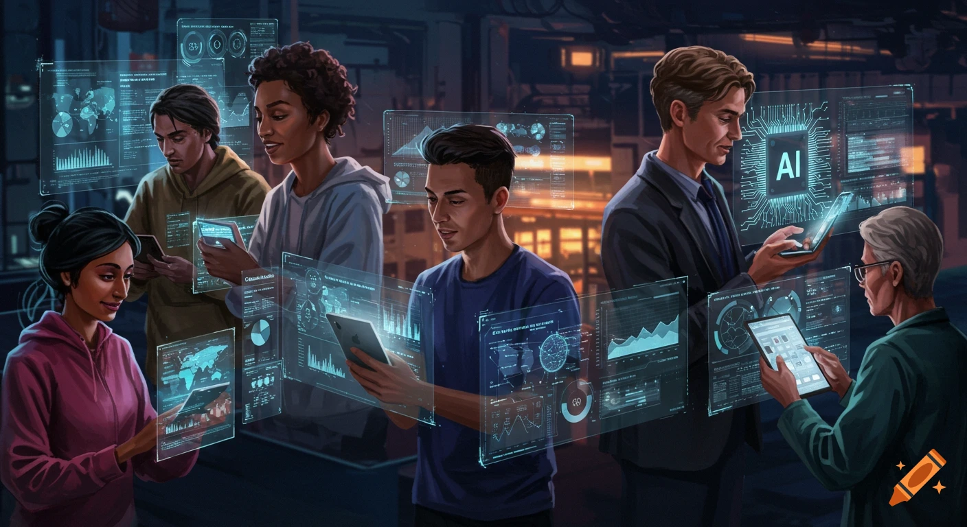 Diverse group of people interacting with holographic screens displaying data charts and AI symbols.