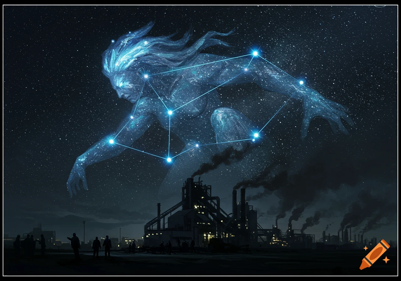 Cosmic figure composed of stars looming over an industrial plant at night