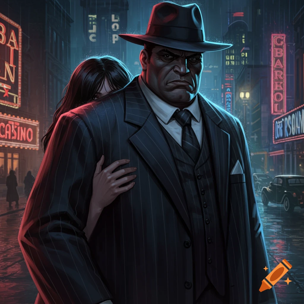 A stern man in a pinstripe suit and fedora stands on a rainy city ...