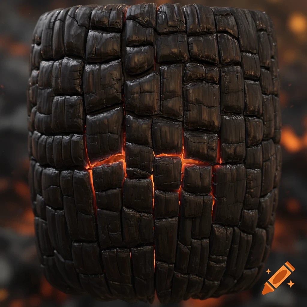 A close-up texture of burnt wood with glowing orange cracks.
