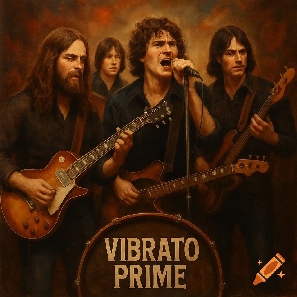 Oil painting of a four-piece rock band playing instruments.