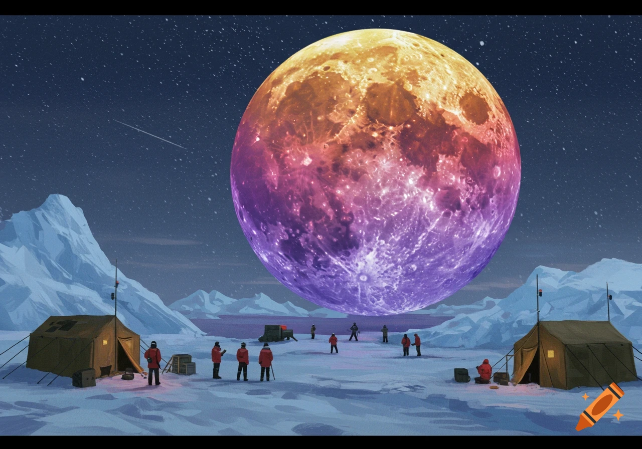 A large, colorful moon hovers over people and tents in an icy landscape.