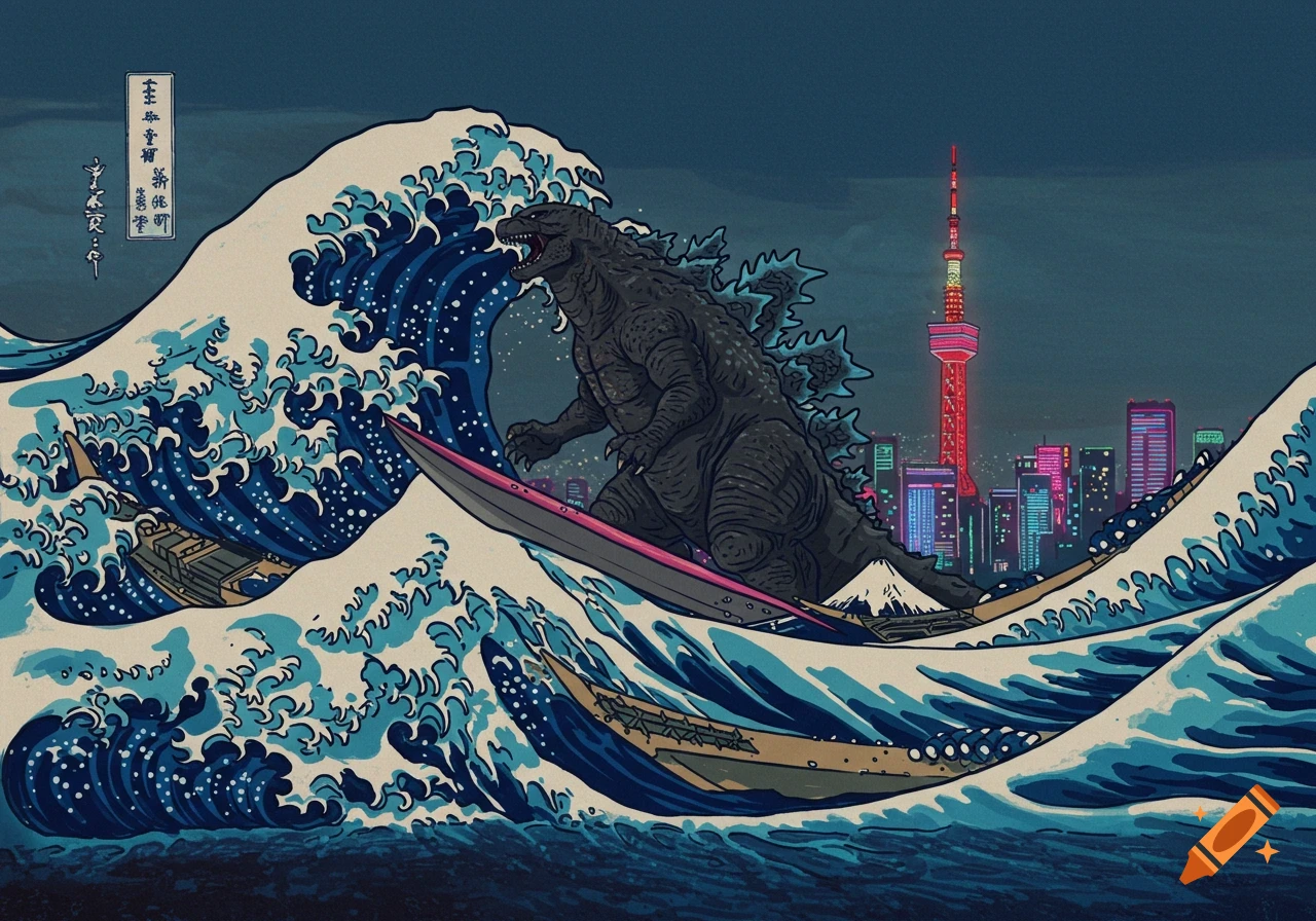Godzilla surfing a large wave like Hokusai's print, with a neon Tokyo skyline in the background