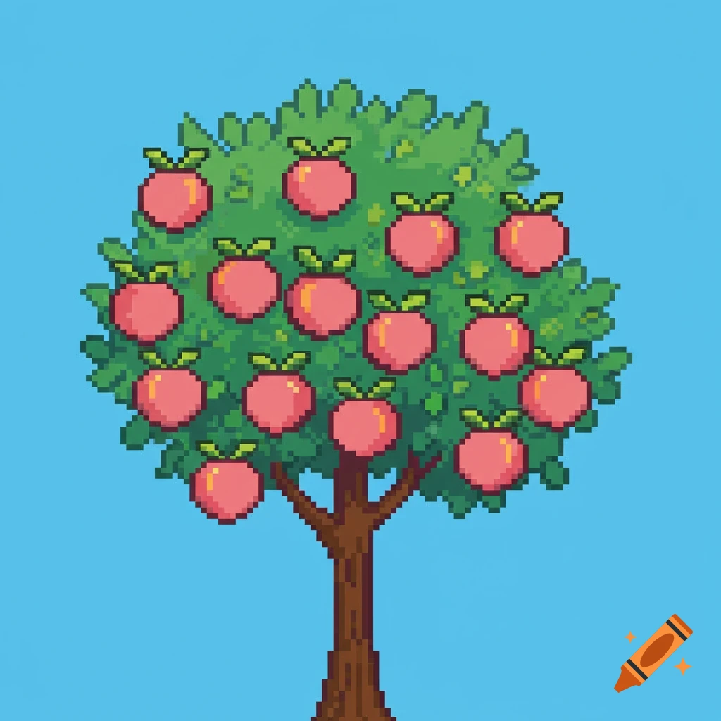 Pixel art tree with many peaches against a blue background