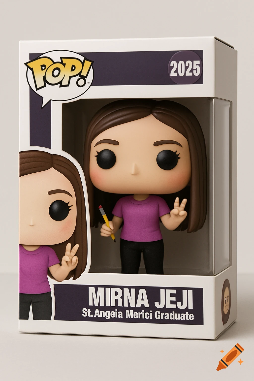 A Funko Pop figure in its box, depicting a woman with brown hair, pink shirt, black pants, holding a pencil and making a peace sign. The box reads MIRNA JEJI, St. Angeia Merici Graduate, and 2025.