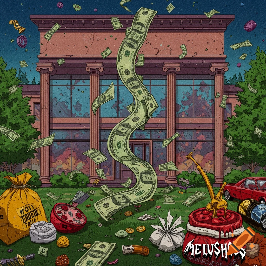 An illustration of money falling from the sky in front of a large building, with various objects on the ground.