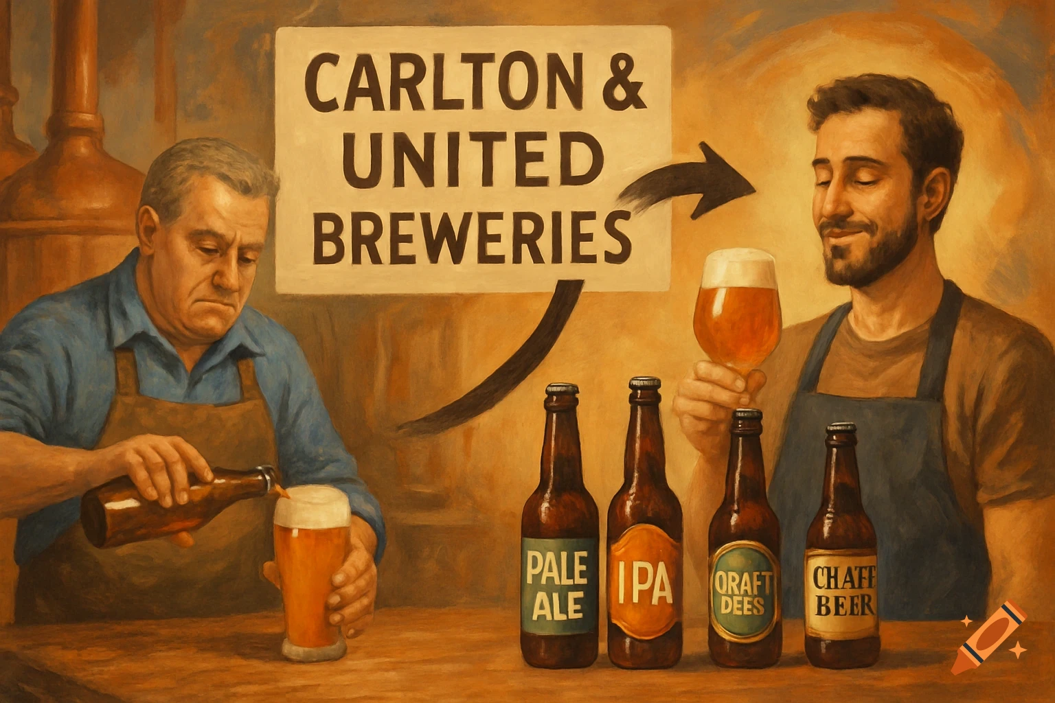 Painting of two men in a brewery with beer bottles and a sign, one pouring beer, the other holding a glass.