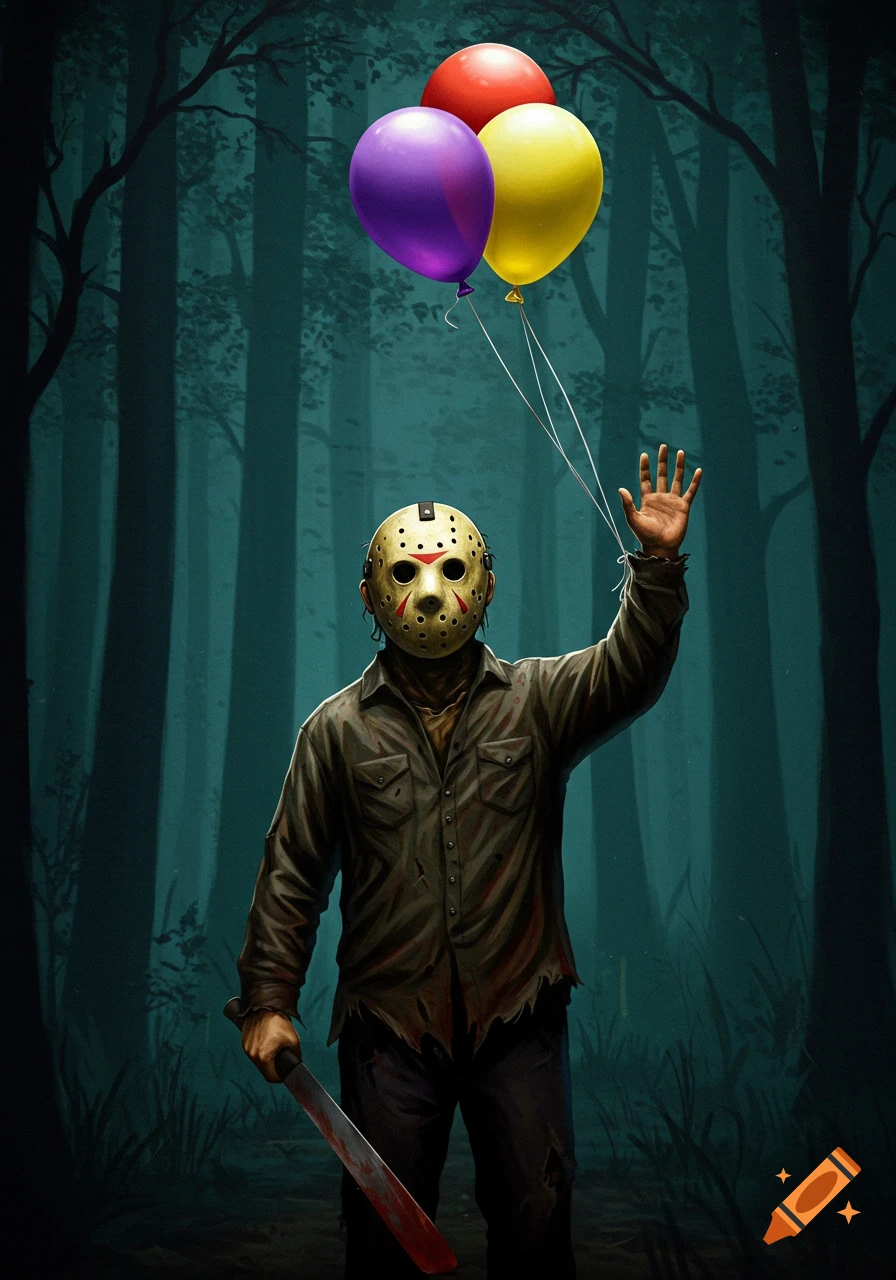 Painted illustration of Jason Voorhees in a forest holding balloons and a machete