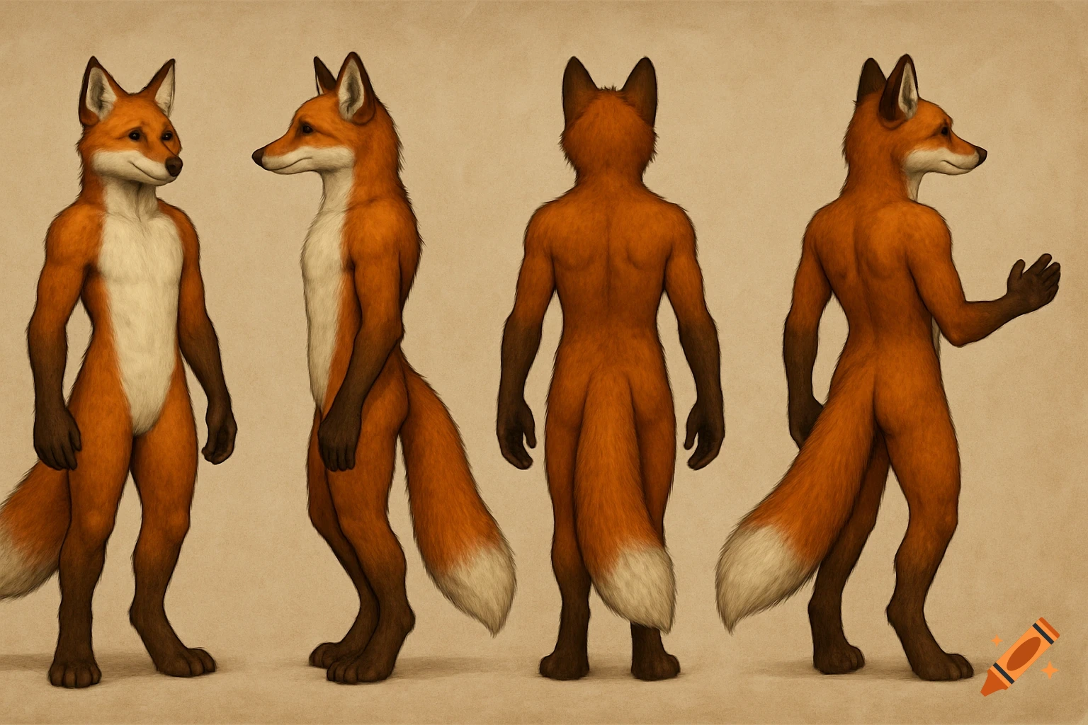 Reference sheet with multiple views of an anthro fox character.