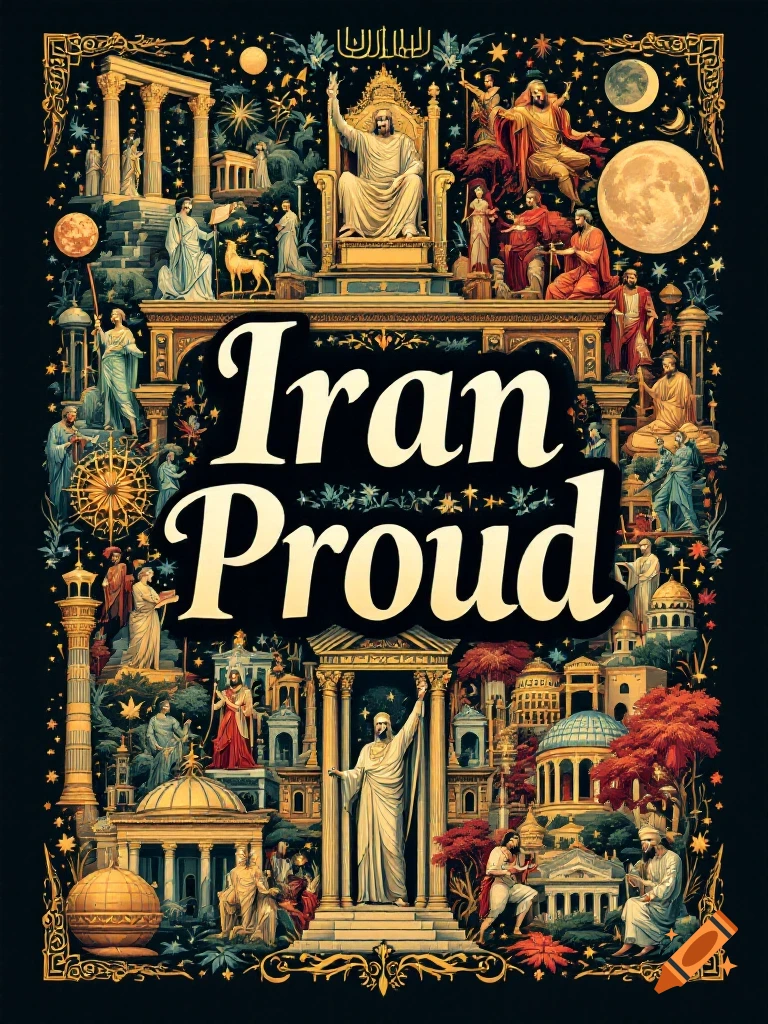 Graphic design collage of historical Iranian scenes surrounding the text Iran Proud.