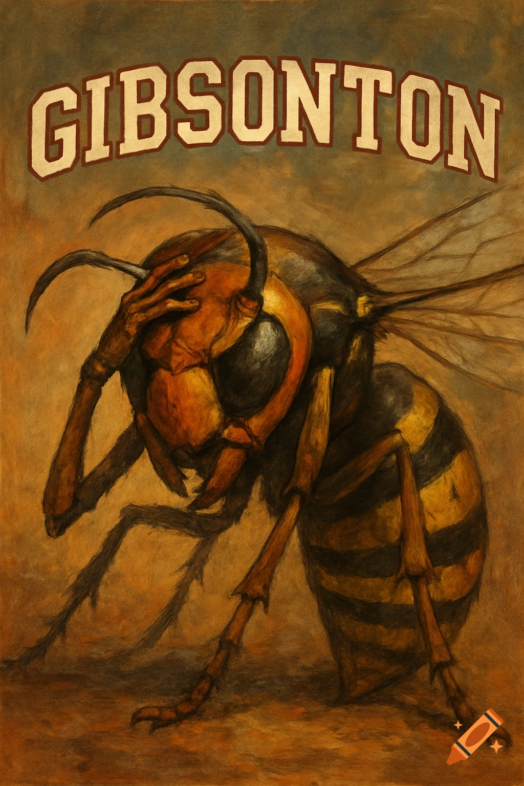 Artistic depiction of a large wasp with a migraine, with the word GIBSONTON in varsity font.
