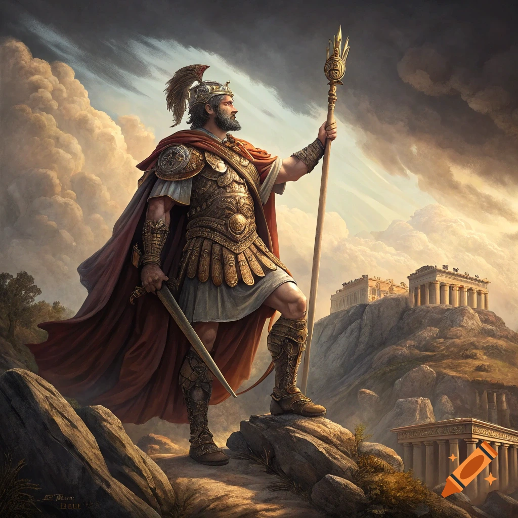 A warrior in ornate ancient Roman armor stands on a rocky hill overlooking temples, holding a spear and sword under a dramatic sky.