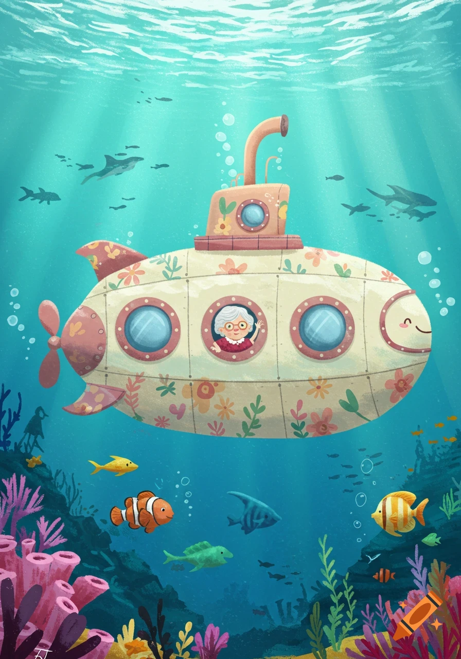 Cartoon illustration of a grandma in a flowery submarine underwater with fish and coral.