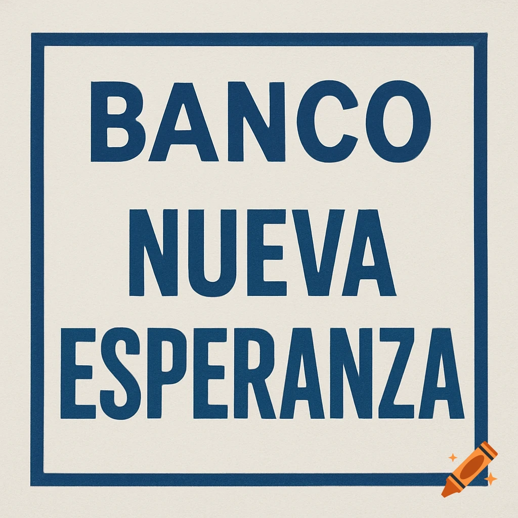 Blue text "BANCO NUEVA ESPERANZA" within a blue square border on a cream background.