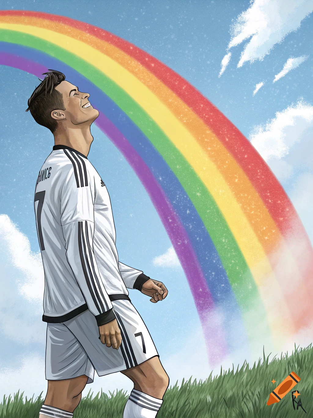 Illustration of a soccer player looking up at a bright rainbow in a sunny sky.