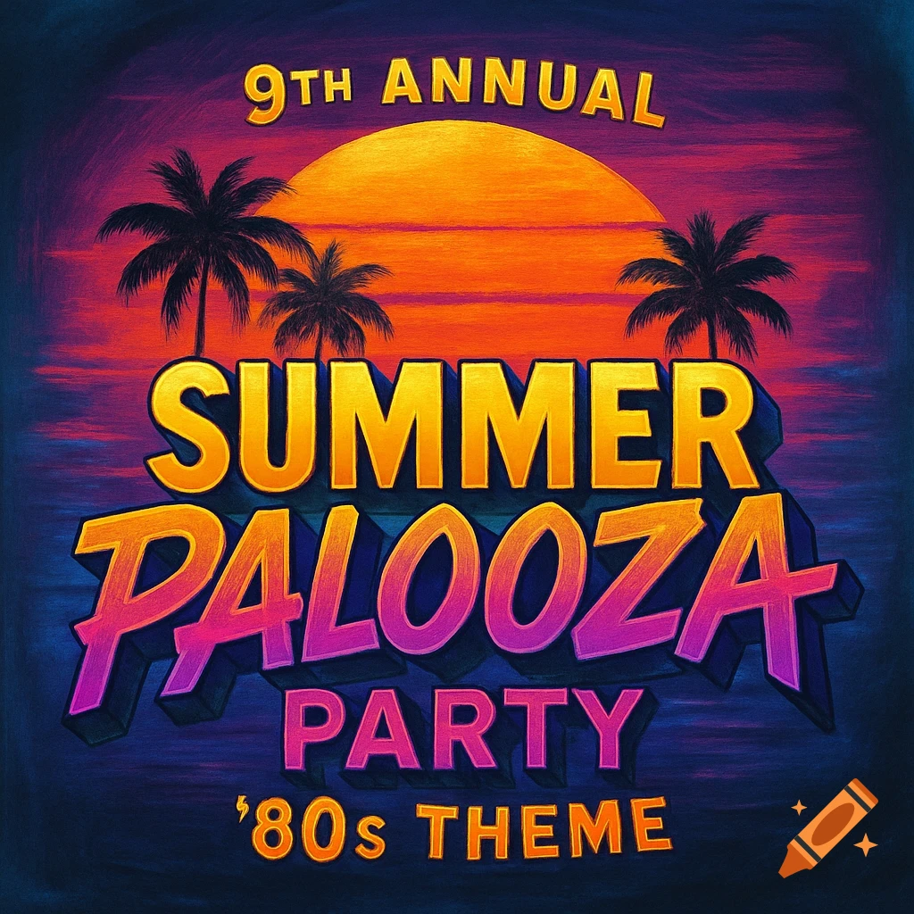 80s style logo for a summer party with text, palm trees, and sunset.
