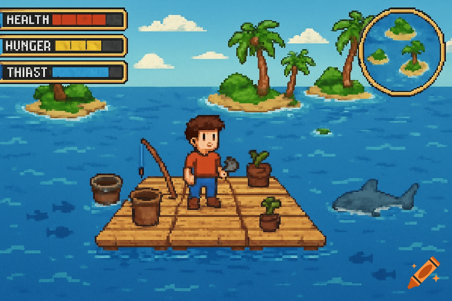 Pixel art game screen of a character on a raft with HUD, minimap, islands, and a shark.