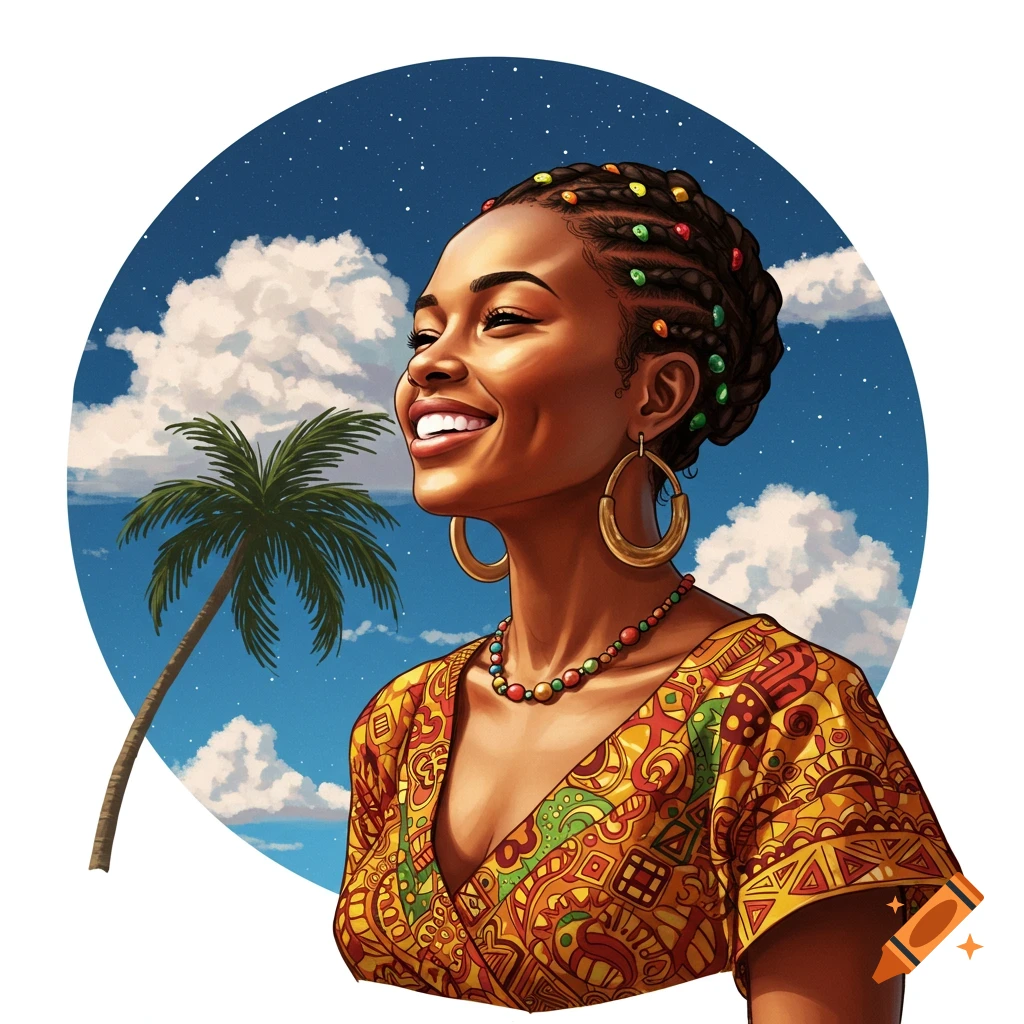 Illustration of a smiling Black woman in a colorful dress, with a palm tree and sky behind her.