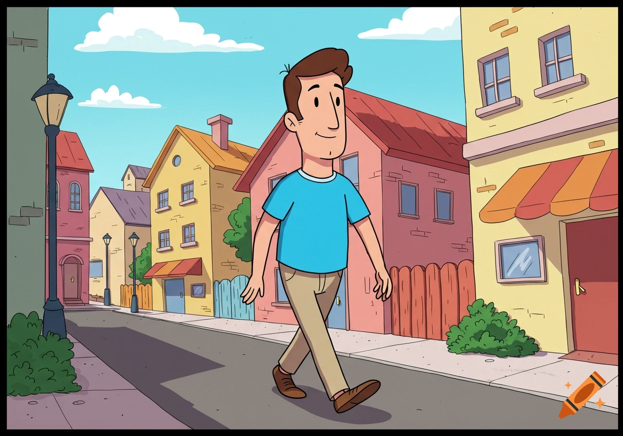 Cartoon man walking down a street