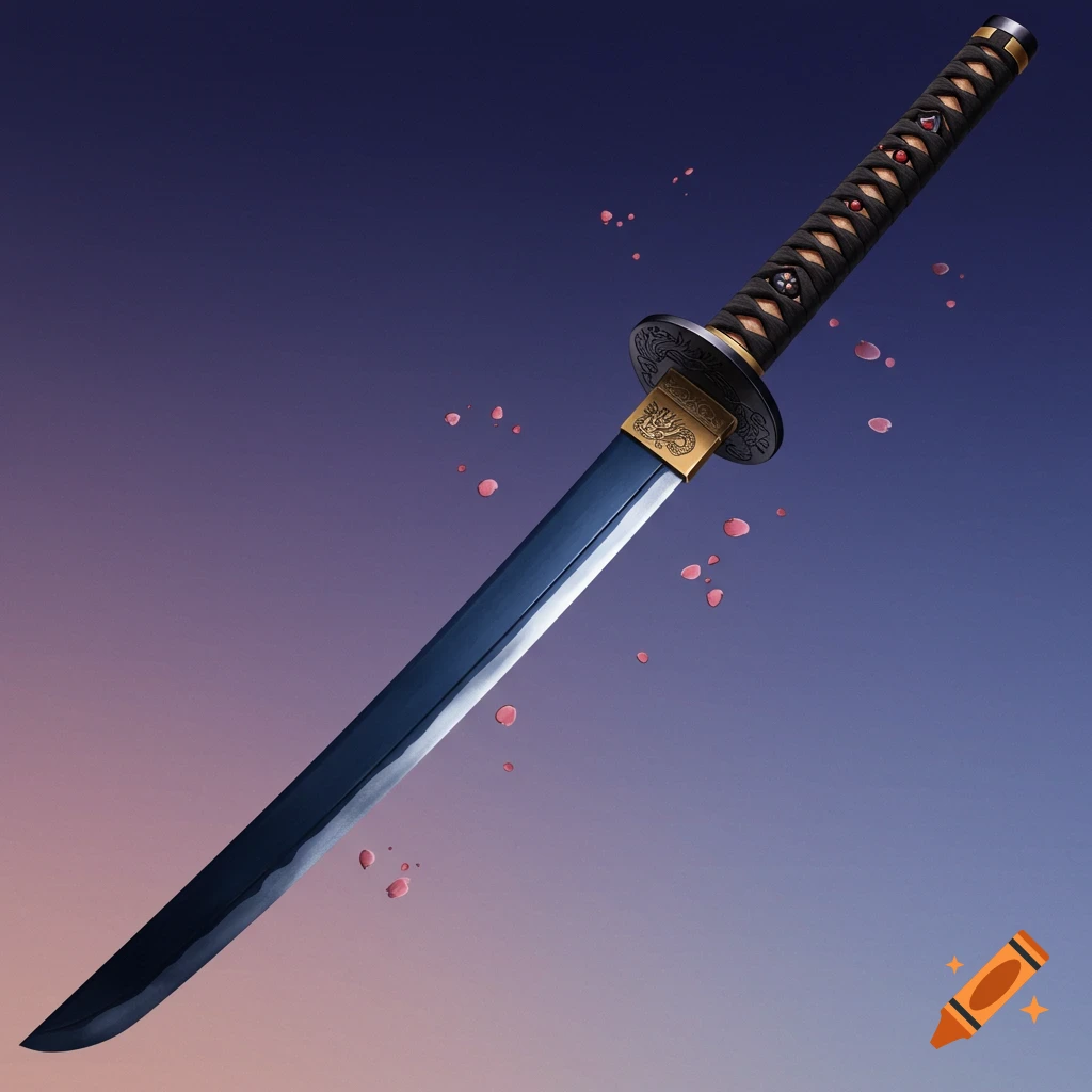 Detailed illustration of a katana sword against a purple and blue gradient background with scattered pink petals.