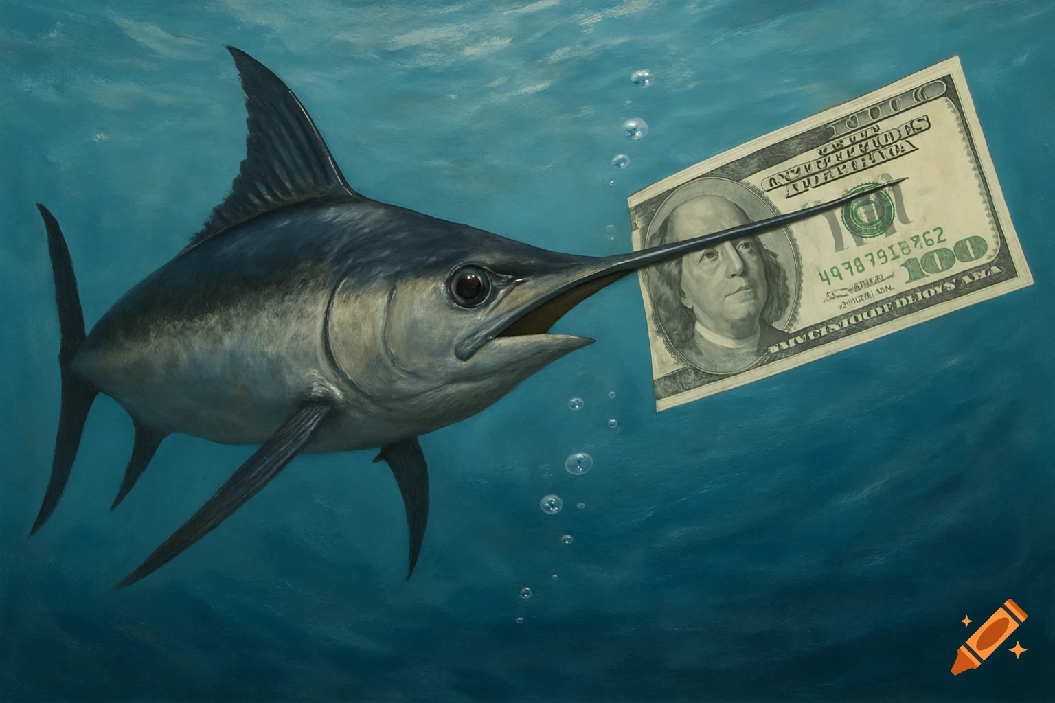 A swordfish underwater spears a hundred dollar bill with its bill in a painting.
