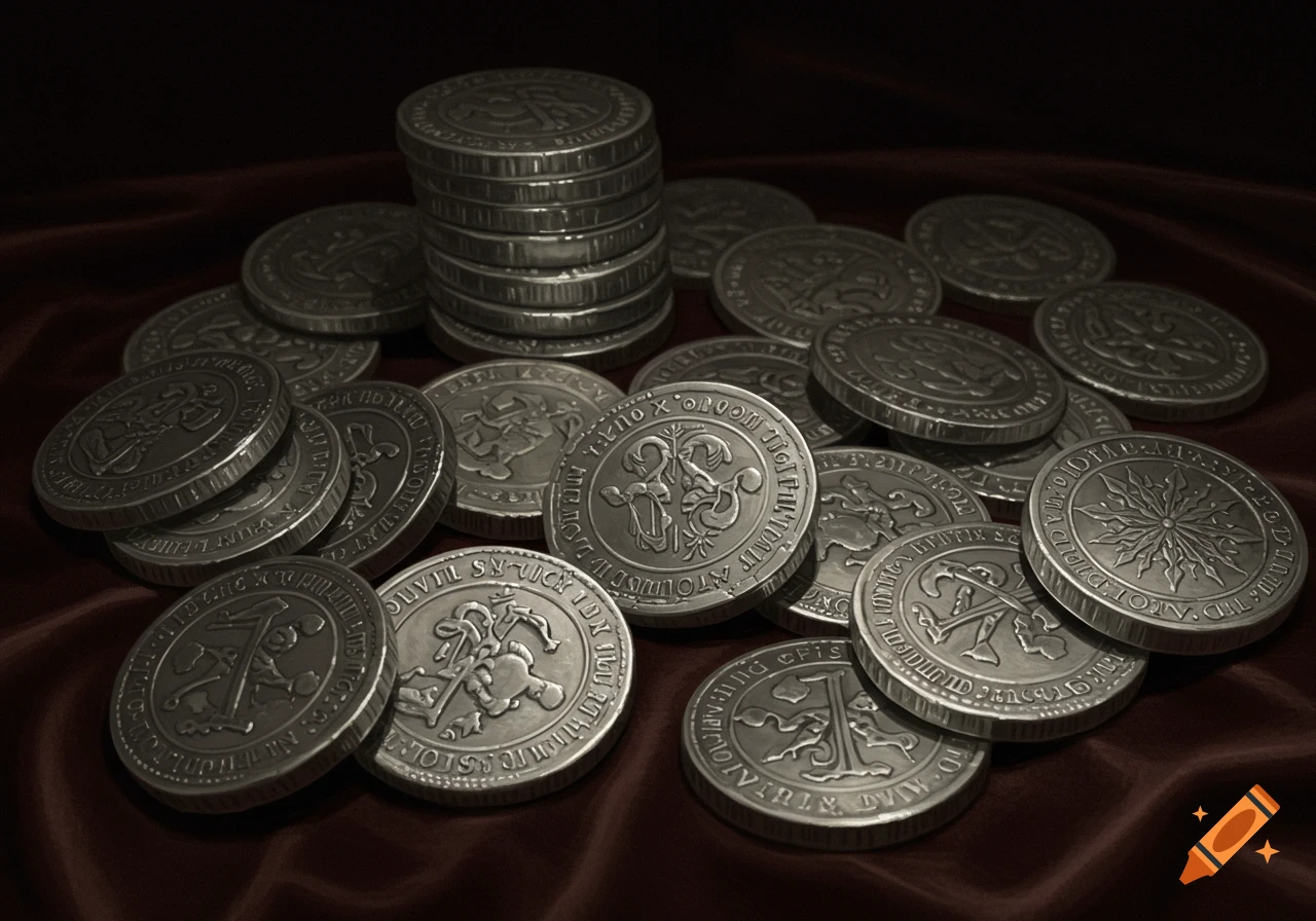 Pile of silver coins on red cloth