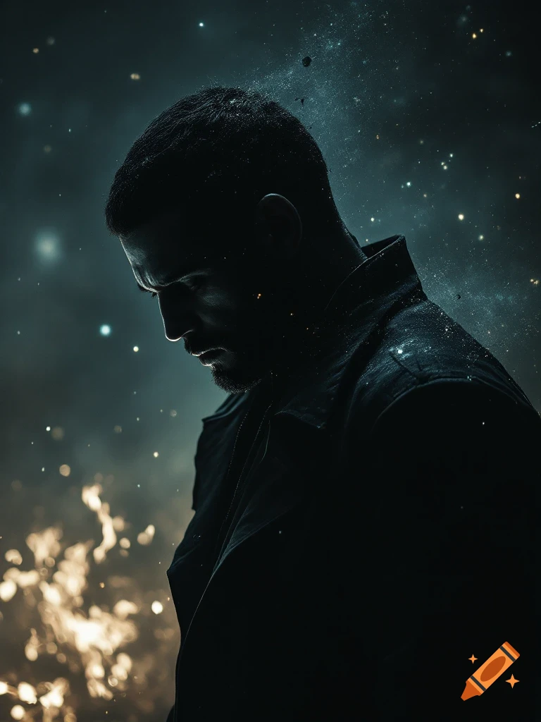 Silhouette of a man looking down against a dark, starry background with bright light.