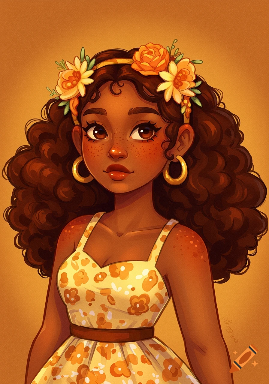 Stylized illustration of a young woman with curly hair, freckles, a flower crown, and a floral dress.