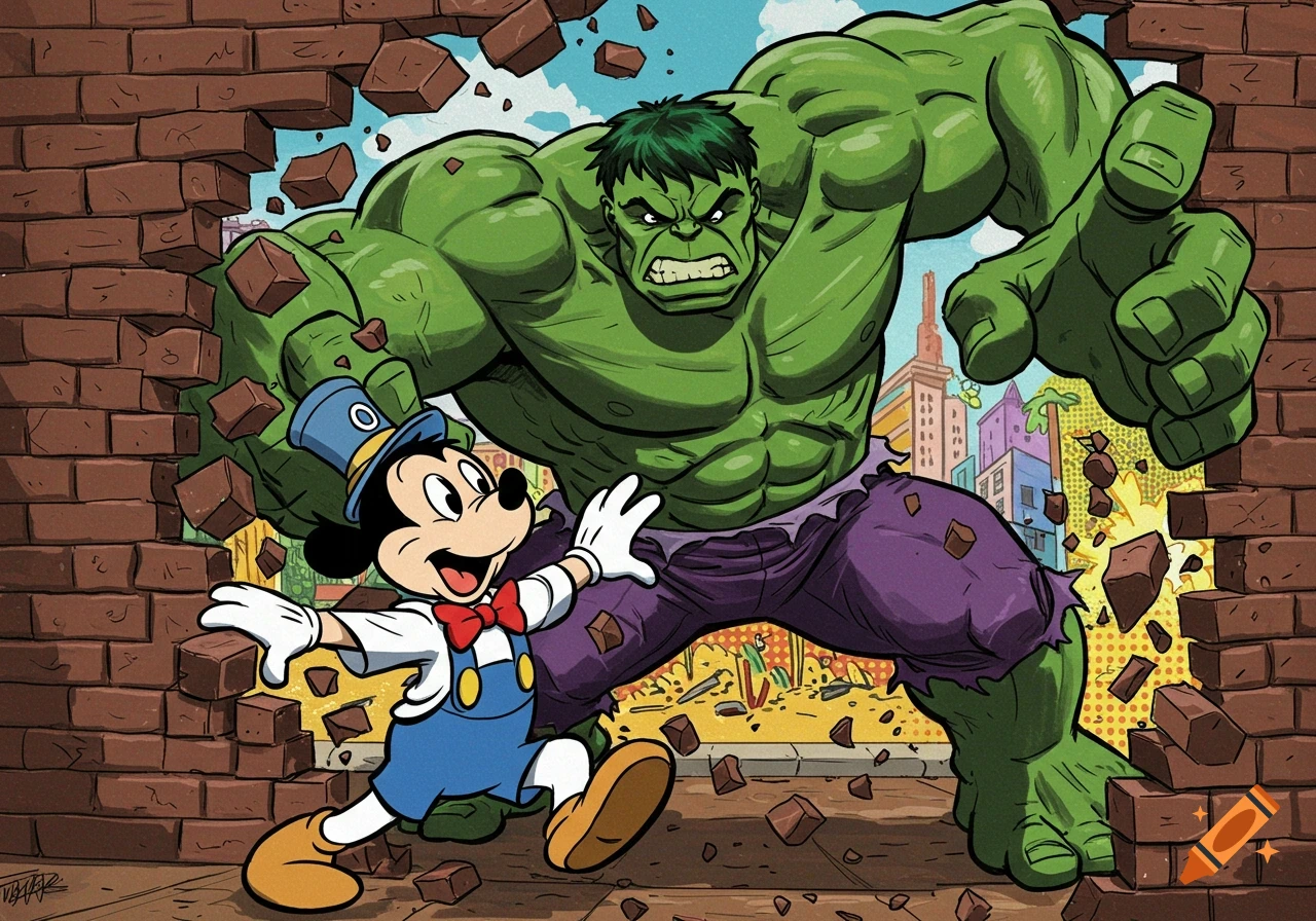 Cartoon illustration of the Hulk smashing through a brick wall near Mickey Mouse