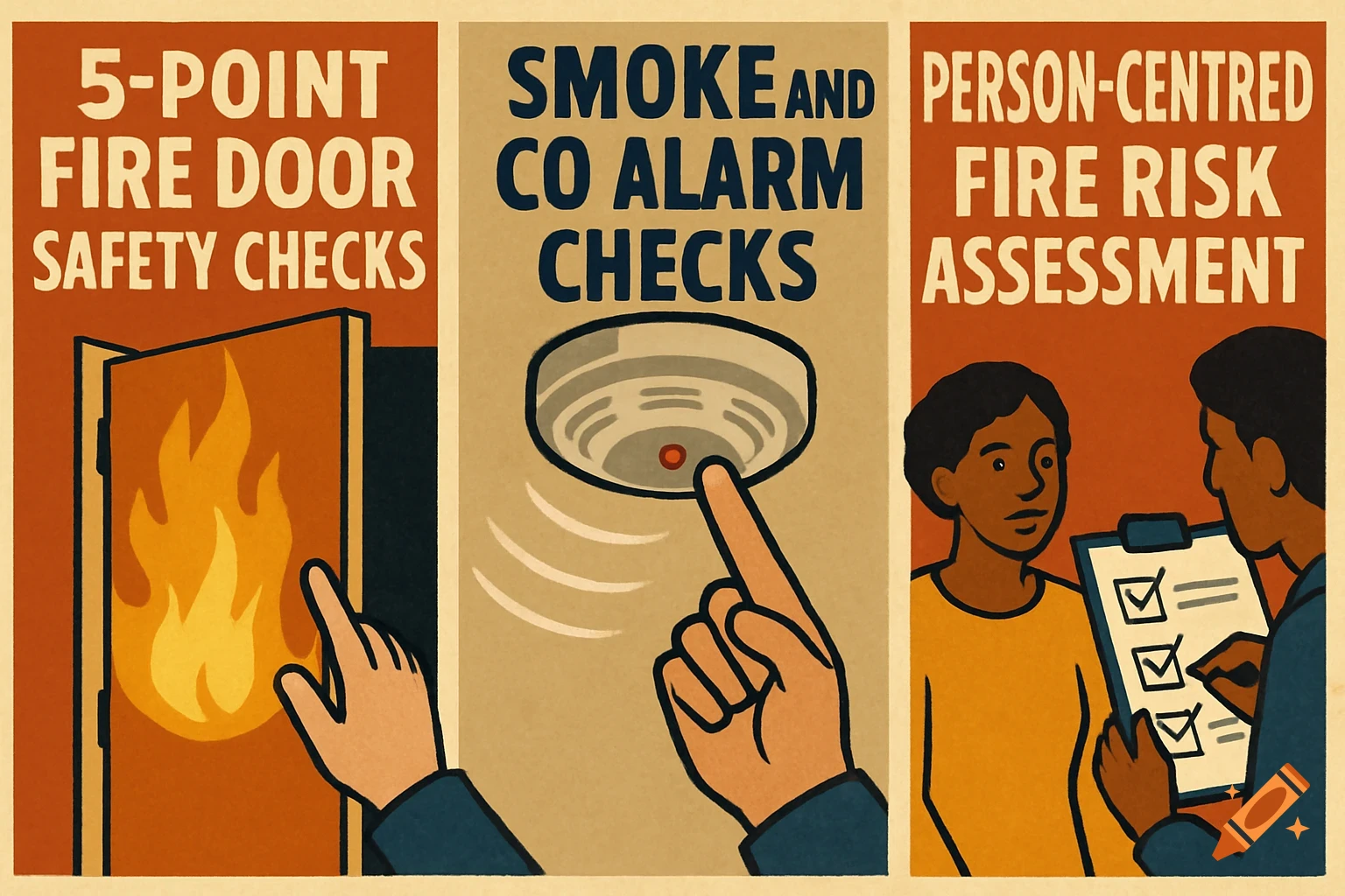 Illustration of three panels showing fire safety checks: fire door, smoke alarm, and risk assessment.