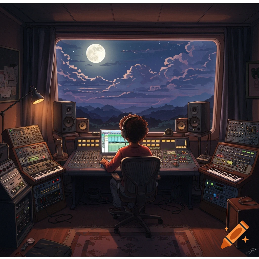 Person in a music studio views a moonlit night sky through a large window