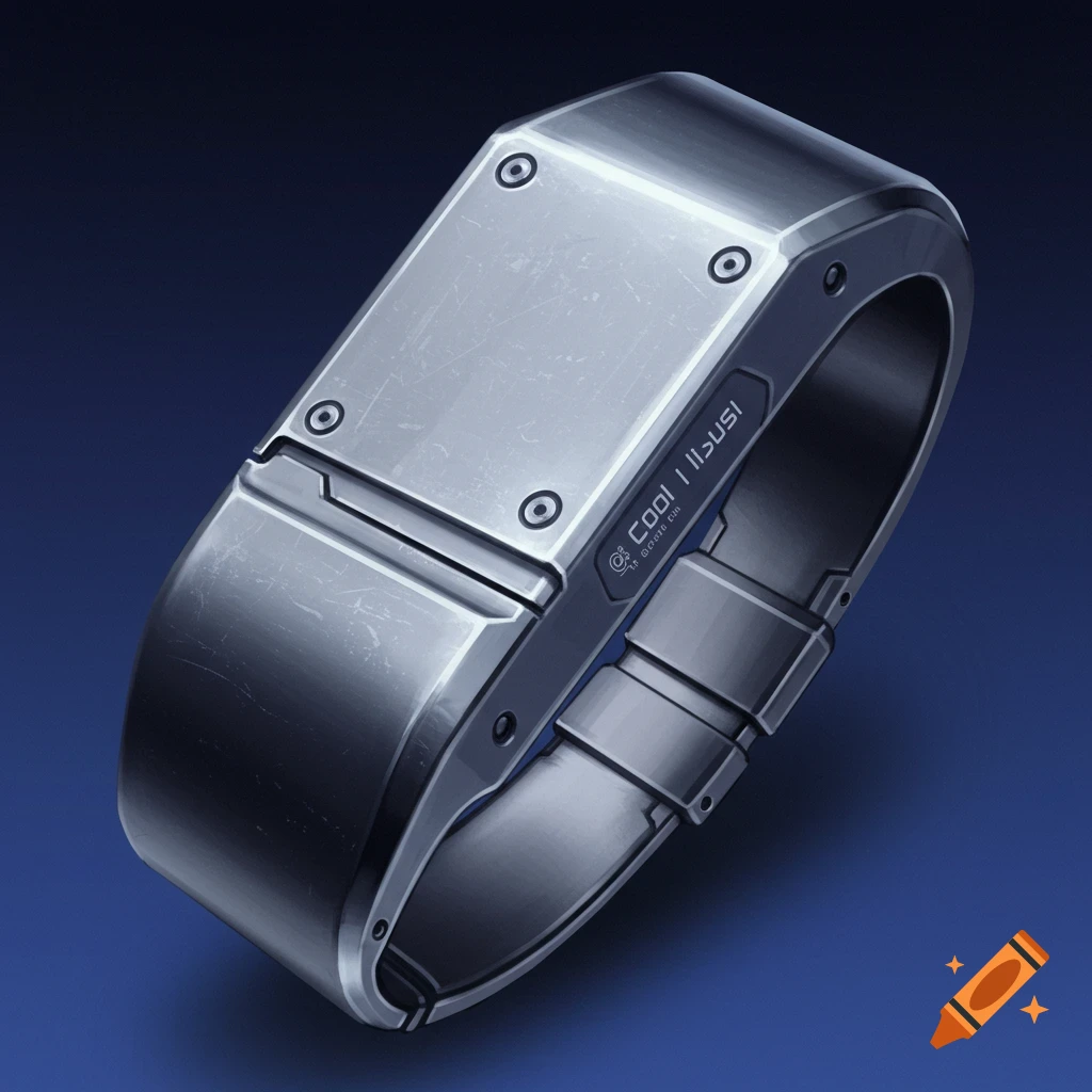 A close-up of a futuristic metallic bracelet.