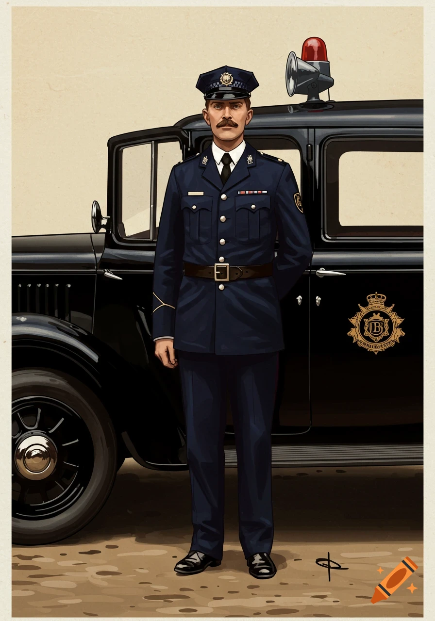 Illustration of a historical police officer in uniform standing beside a police car.