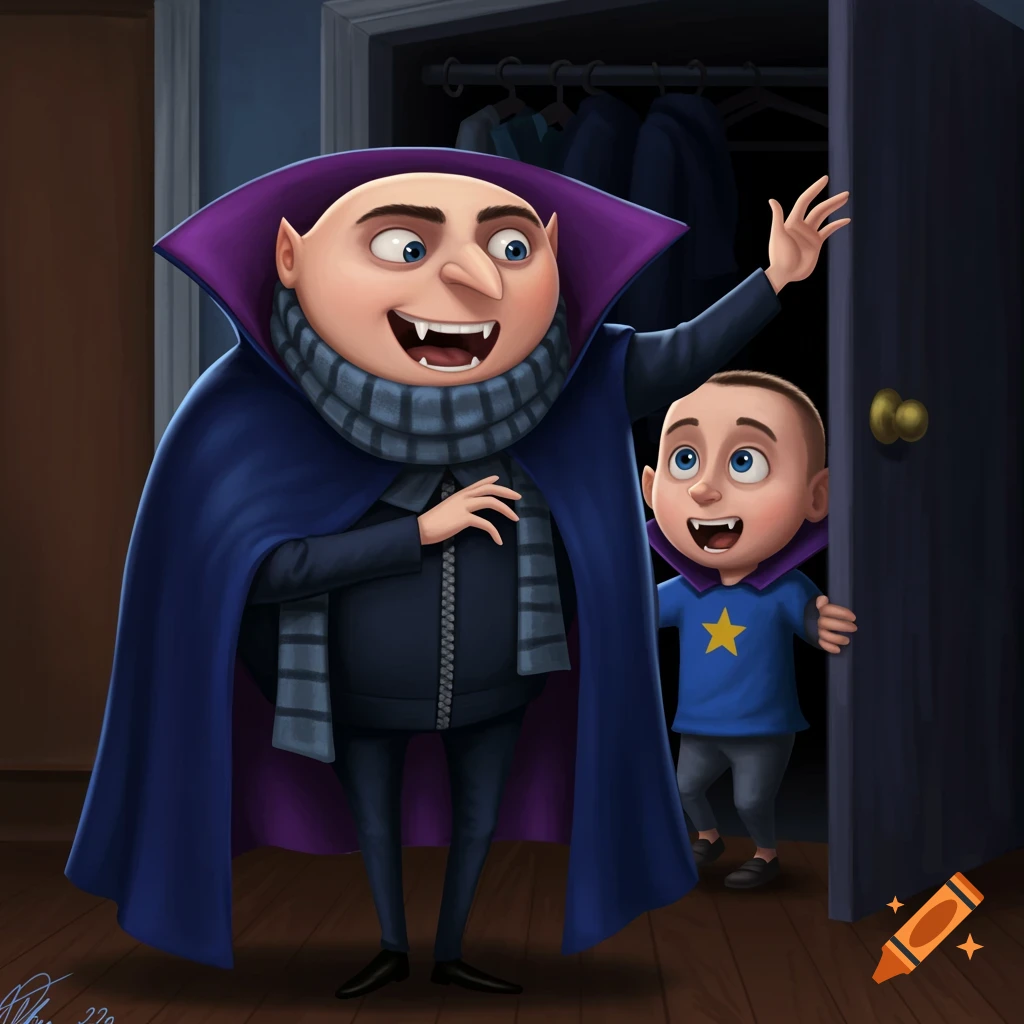 Gru and a child dressed as vampires emerge from a closet, Gru waving.