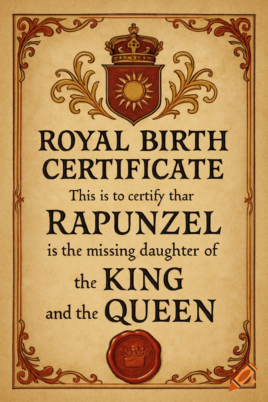 Royal birth certificate for Rapunzel with decorative border, crown, shield, and wax seal.